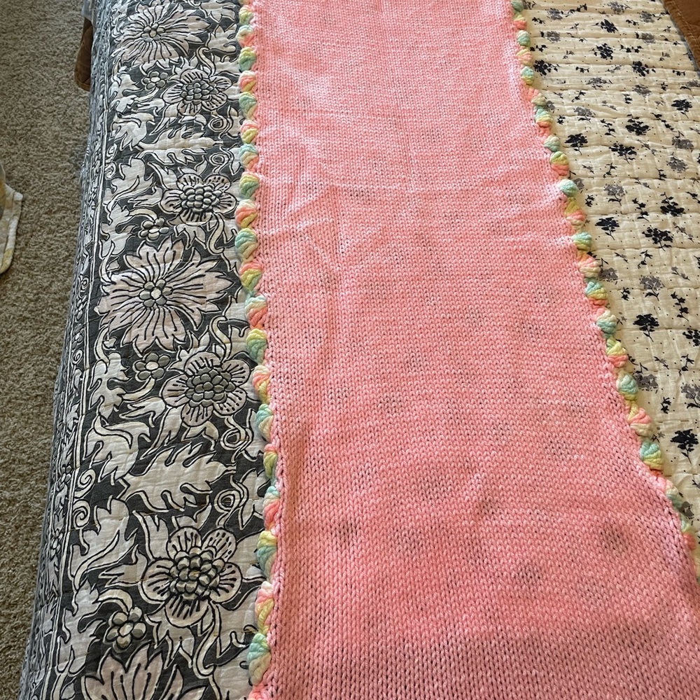 Pink Knit Vintage Crochet Baby Blanket with Multicolor Trim